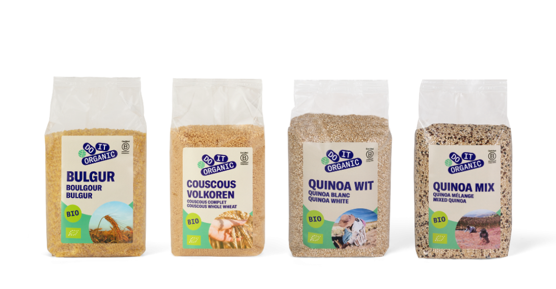 DO IT Organic Grains: Bulgur, Couscous, Quinoa in consumer packaging