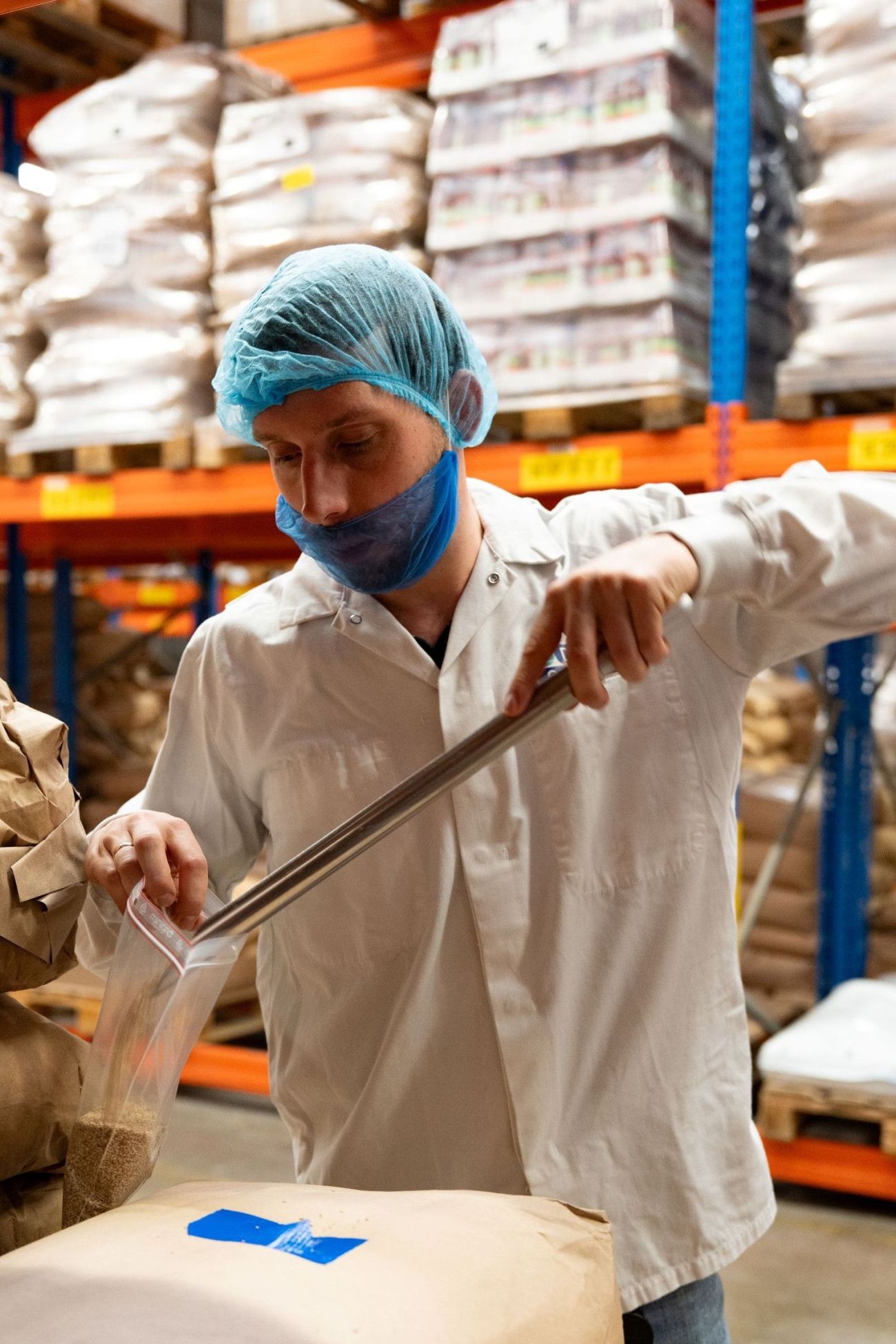 Taking a sample in our warehouse